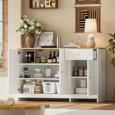 Armoire avec 3 portes et 1 compartiment de rangement. Armoire servant de buffet pour le salon et la salle à manger. Matériau : naturel ou blanc. Dimensions : 120 x 40 x 75 cm. (1/5)