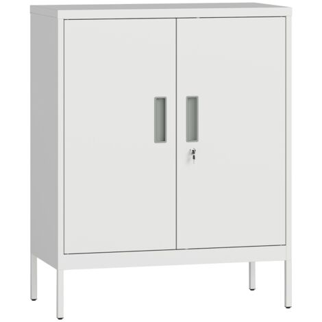 Armoire en acier avec deux portes. Armoire de bureau. Etagères réglables. Conçue pour l’utilisation en home office, dans le salon, ou dans la garrière. Couleur blanche. (1/5)