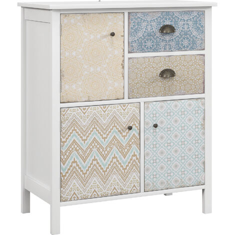 Compartiment de rangement avec 2 tiroirs et 3 compartiments. Protection anti-poussière. Pour le salon ou la chambre à coucher. Couleur blanche. Dimensions : 68x34x80 cm. (1/5)