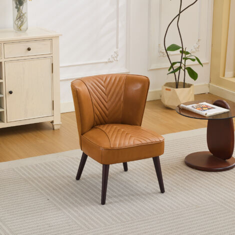 Siège de salon en cuir véritable de couleur brun foncé, sans accoudoirs. Structure en bois de caoutchouc massif. Siège confortable et moderne. (1/5)