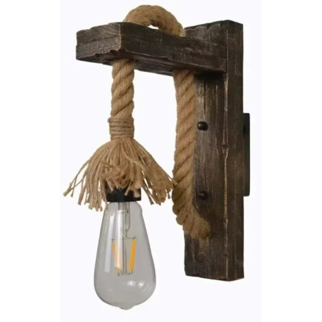 Diwzbyn applique murale d'intérieur moderne, applique en bois, lampe vintage en corde de chanvre E27 pour couloir, chambre, restaurant, bar (ampoules non incluses) (1/5)