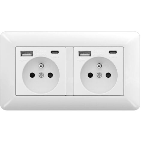Double Prise Murale Type 146 Française USB-A + USB-C  16A 220-250V Verre Blanc  Maison & Bureau