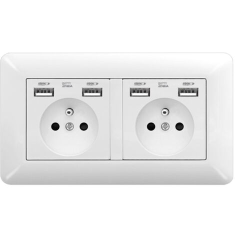 Double Prise Electrique Encastrée Type 146 avec 2 Ports USB 16A 250V Verre Trempé Blanc Prise Murale Double