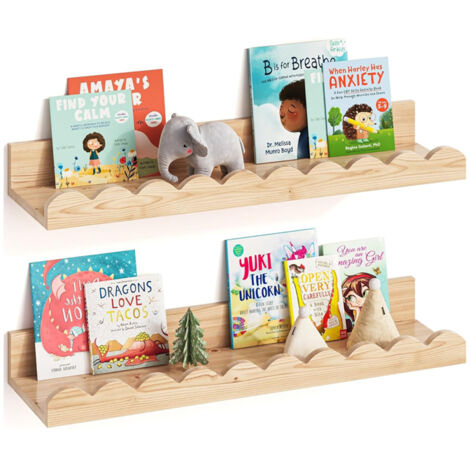 Lot de 2 étagères murales flottantes en bois pour enfants, bord ondulé, 42 cm, bibliothèque murale pour chambre bébé/nurserie (1/5)
