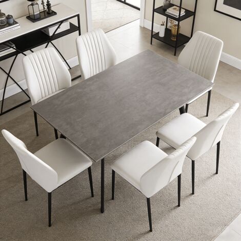 Esstischset 120 cm aus MDF mit Stühlen (6 Stühle, cuir PU, blanc)