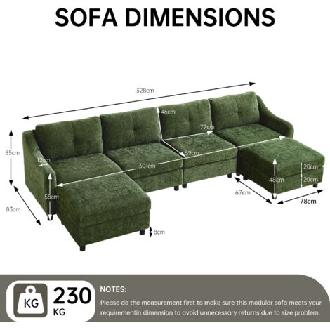 JIEXI Modulares Sofa, L-förmiges Chenille-Sofa, frei konfigurierbar, U-förmiges Ecksofa, ideal für Wohnzimmer, Wohnungen und Büros (4-Sitzer in U-Form, grün)