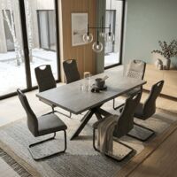 Erweiterbares Esstischset aus MDF mit Stühlen (6 Stühle, tissu, gris)