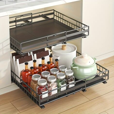 Lot de 2 étagères coulissantes, tiroirs coulissants avec bandes nano-adhésives, rangement pour armoires de cuisine, noir
