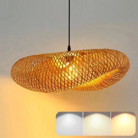 Suspension LED en bambou tressé - 60 cm, plafonnier rétro, éclairage décoratif pour la maison, convient au salon et à la salle à manger.