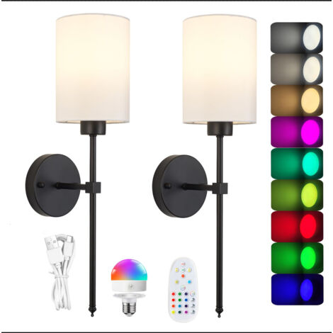 Lot de 2 appliques murales noires sans fil, rechargeables, avec télécommande, minuteur et lumière colorée, idéales pour les couloirs et les chambres.