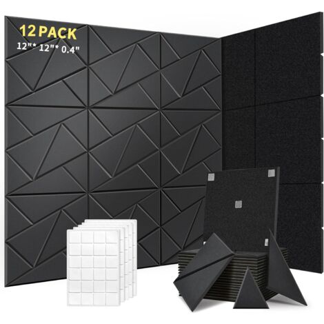 Lot de 12 panneaux acoustiques auto-adhésifs, rembourrage insonorisant en polyester, panneaux muraux insonorisants haute densité, 30 x 30 x 1 cm, noir (1/5)