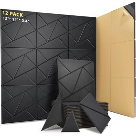 Lot de 12 panneaux acoustiques auto-adhésifs, rembourrage insonorisant en polyester, panneaux muraux insonorisants haute densité, 30 x 30 x 1 cm, noir