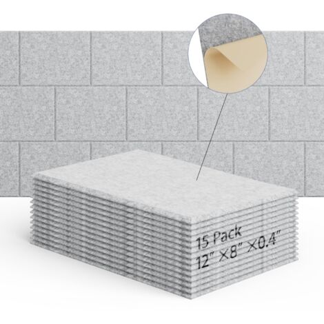 Lot de 15 panneaux acoustiques auto-adhésifs, rembourrage insonorisant en polyester, panneaux muraux insonorisants haute densité, 30 x 20 x 1 cm, gris (1/5)