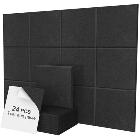 Panneaux acoustiques auto-adhésifs, paquet de 24, rembourrage insonorisant en Polyester 30x30cm, panneaux muraux insonorisés haute densité, Noir (1/5)