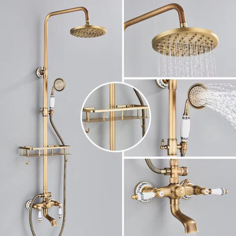 Colonne de douche en laiton antique, robinetterie de douche avec étagère de rangement, Douche à effet pluie avec douchette et bec de baignoire