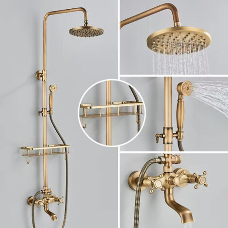 Colonne de douche en laiton antique, robinetterie de douche avec étagère de rangement, Douche à effet pluie avec douchette et bec de baignoire