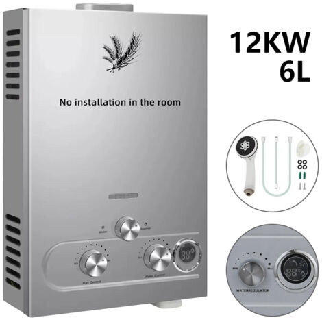 Chauffe-eau instantané au GPL, 6 L 12 kW, Chauffe-eau propane/butane avec affichage LED et protections de sécurité, Chauffe-eau extérieur
