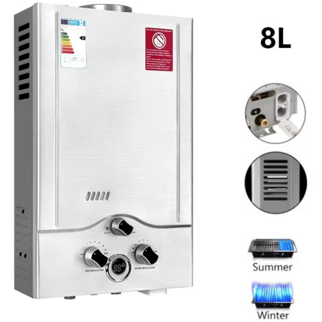 Chauffe-eau instantané au GPL, 8 L 16 kW, Chauffe-eau propane/butane avec affichage LED et protections de sécurité, Chauffe-eau extérieur