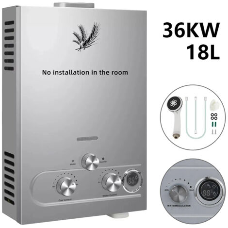 Chauffe-eau instantané au GPL, 18 L 36 kW, Chauffe-eau propane/butane avec affichage LED et protections de sécurité, Chauffe-eau extérieur