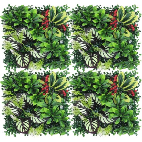 Lot de 4 murs végétaux artificiels, haies artificielles, clôture décorative et intimité, fond mural de fleurs artificielles, 25 x 25 cm