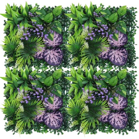 Lot de 4 murs végétaux artificiels, haies artificielles, clôture décorative et intimité, fond mural de fleurs artificielles, 25 x 25 cm