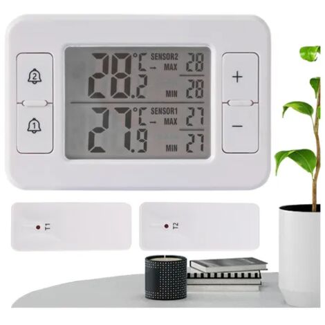 Thermomètre sans fil à double capteur, avec affichage de la température et alarme de température, adapté aux réfrigérateurs et aux terrasses. (1/5)