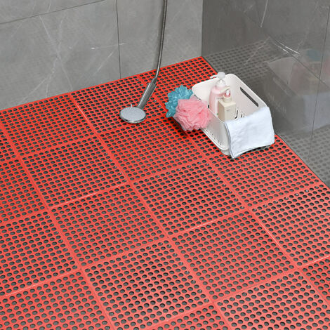 Tapis de carrelage de pont de bain rouge 5 pièces, tapis de carrelage de douche antidérapant, avec trous de drainage 3030cm (1/5)