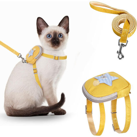 Ensemble harnais et laisse pour chat, harnais réglable anti-évasion pour chaton avec harnais pour chat avec sac à dos pour petits chats (jaune, S) (1/4)