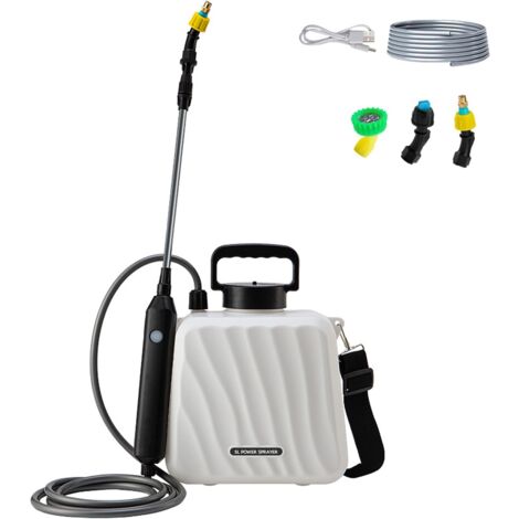 Pulvérisateur de jardin électrique 5 L, avec 3 buses réglables, tuyau d'arrosage de 10 m et manche télescopique, rechargeable par USB, blanc (1/5)