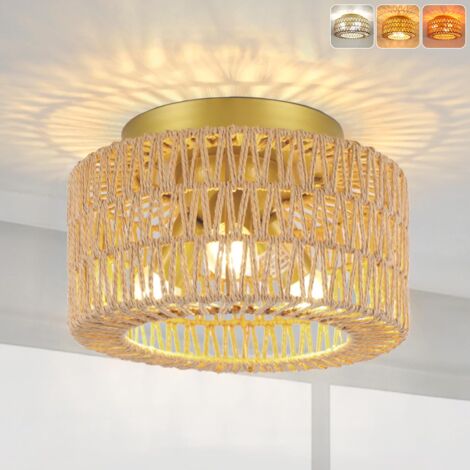 Plafonnier en rotin, lustre bohème, suspension avec ampoule, lustre de plafond de style Wabi-sabi, 3 températures de couleur (3000K-6000K)