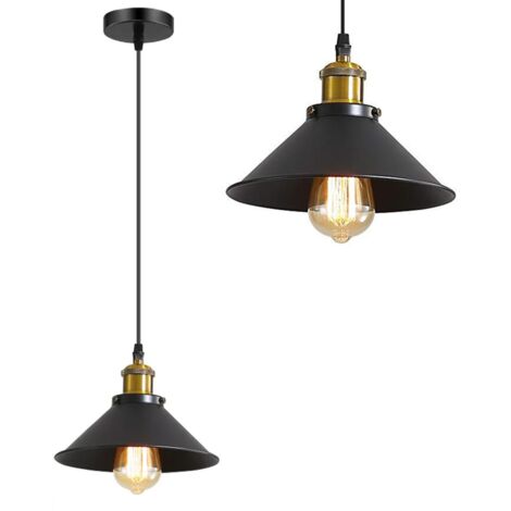 Suspension rétro en métal, lustre industriel, plafonnier, luminaire d'îlot, lampe à suspension sans ampoule, hauteur réglable, φ22 cm (noir et doré) (1/5)