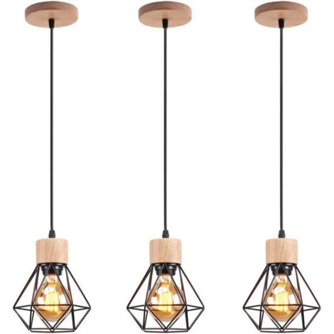 Lot de 3 lustres industriels, plafonniers cage en métal, suspension vintage, lampe suspendue, longueur de corde de suspension réglable (sans ampoule) (1/5)