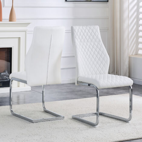 [2e set] Chaise à manger avec motif blanc en forme de feuilles : dossier haut et coussin confortable pour le siège. Cadre métallique de couleur argentée, antidérapant et résistant au temps. (1/5)
