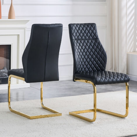 [2er-Set] Chaise longue avec motif de carre noir : dossier haut + coussin confortable pour le siège. Cadre métallique de couleur dorée, résistant et durable. Idéale pour les restaurants, etc. (1/5)