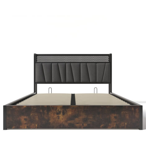 Lit métallique avec commande électronique pour les lumières. Lit double, équipé d’une fonction de charge USB. Le sommier en bois est gris. Pas de matelas fourni. dimensions du lit : 140x200 cm. (1/5)