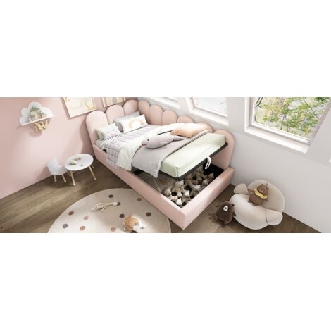 Lit double de 90x200 cm. Lit quotidien avec espace de rangement hydraulique. Lit pour enfants avec sommier en métal. Tissu : velours rose. Pas de matelas fourni. (1/5)