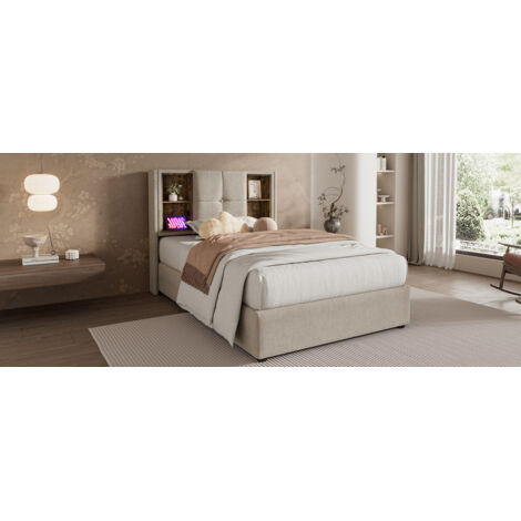 Lit individuel avec litière sans fil. Équipement USB C. Lit en bois de dimensions 90x200 cm. Structure du lit comprenant des espaces de rangement. Matelas en toile naturelle. (1/5)