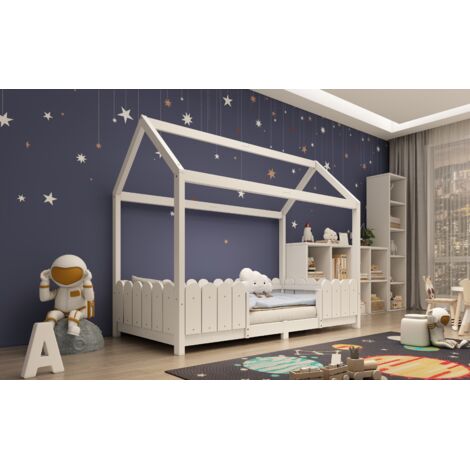 Lit de maison 90x200 cm en bois. Pratique pour enfants, protection contre éclats, structure planches, couleur blanche (sans matelas). (1/5)