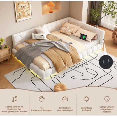 Lit de jour, dimensions 140×200 cm. Lit avec sommier en bois (sans matelas). 16 couleurs possibles pour l’ambiance environnante. Prise USB. Format Type-C. Matériau confortable. Imitation de velours. B (1/5)