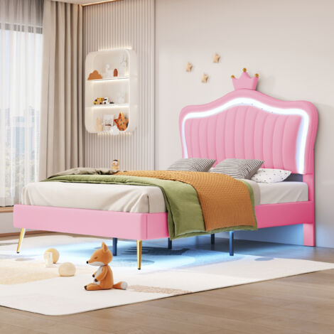 Lit pour enfants, dimensions : 90 x 200 cm. Lit destiné aux filles. Lit double en cuir PU, avec des lumières LED. Matelas non inclus. Structure du lit faite de planches de bois. (1/5)