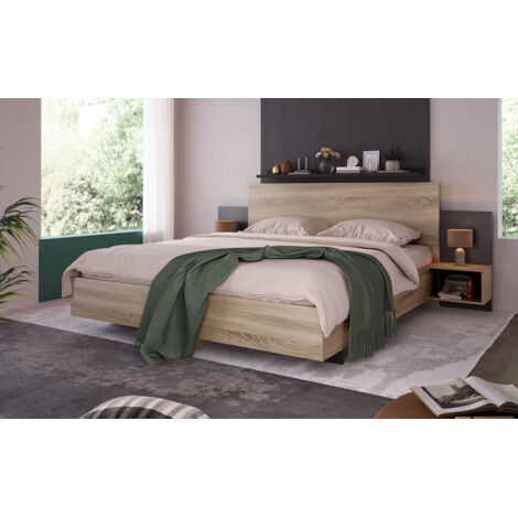 Lit double en bois, dimensions : 160 x 200 cm. Il est accompagné de 2 commodes. Lit moderne, incluant 2 tables de nuit. Taille du lit : 205,5x235x76,5 cm. Matériau du cadre du lit : chêne Sonoma/gris  (1/5)