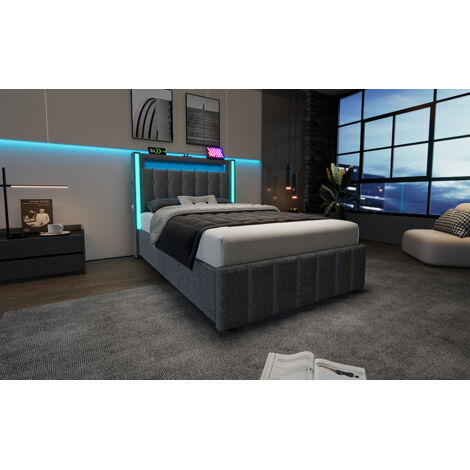 Lit en forme de lit d’enfant, avec fonction de charge USB C, éclairage LED et 2 tiroirs. Lit individuel de 90x200 cm. Structure du lit en bois, couleur grise (sans matelas). (1/5)