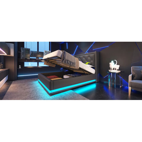 Lit individuel 90×200 cm. PU noir, rangement hydraulique, sommier rembourré, USB-C, LED 3 côtés. Sans matelas. (1/5)