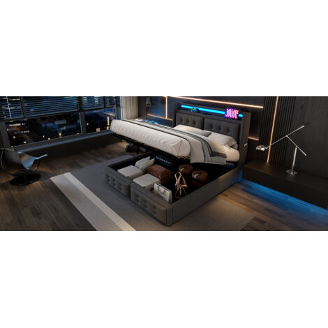 Lit double 160x200 cm, tête tissu écru, charge USB C, hydraulique. Structure bois+métal, capacité 300 kg, coton gris, avec matelas. (1/5)