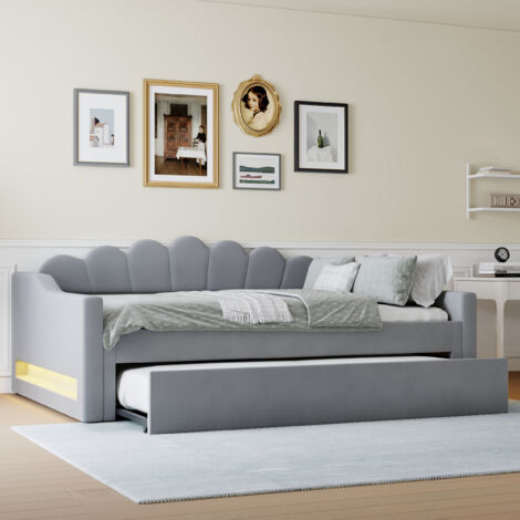Lit de jour en tapissage 140x200 cm, ceinture LED et lit extensible. Couleur gris. (1/5)