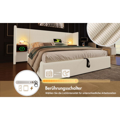 Lit double de 160×200 cm, avec un bureau à côté, une lampe de lecture et une fonction de charge USB Type-C. Le cadre du lit est en bois massif et en métal. Couleur beige-blanc. Tissu épais (sans matel (1/5)