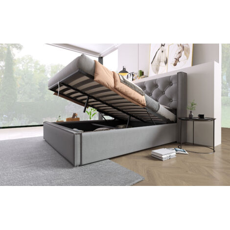 (Hydraulisch Doppelbett, dimensions 160x200 cm.) Litre avec cadre métallique. Structure moderne, avec un espace de rangement intégré. Matériau : coton. Couleur : gris. (1/5)