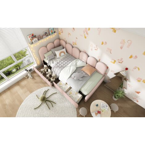 Lit single avec des tiroirs. Lit de rangement. Lit en velours. Lit quotidien. Canapé pour dormir, de 90x190 cm, avec sommier en bois. Lit pour enfants et lit pour adultes. Rose (sans matelas). (1/5)