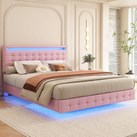 140×200 cm de surface de couchage plane. Lumière environnante par LED. Système d’amortissement. Matériau en PU. Réglage de la hauteur du lit en trois étapes. Couleur rose. (1/5)