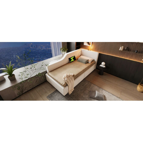 Lit de jour 90x200 cm. Canapé-lit, espace de rangement hydraulique, éclairage lecture, prise USB-C. Pour enfants/adolescents, structure bois velours beige. (1/5)
